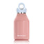 Pink water bottle with a light blue cap on a white background