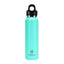 Turquoise water bottle with black cap on a white background
