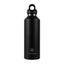 Black water bottle with a silver cap on a white background