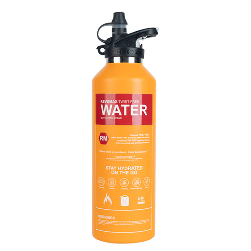 Orange water bottle with black cap on a white background