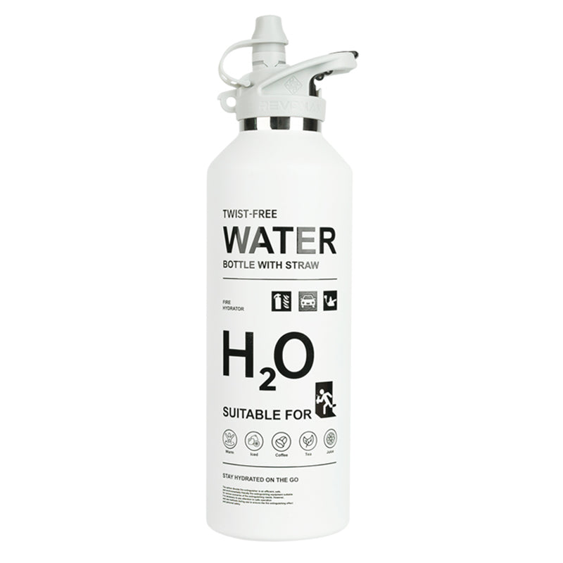 White water bottle with straw labeled 'H2O' on a white background