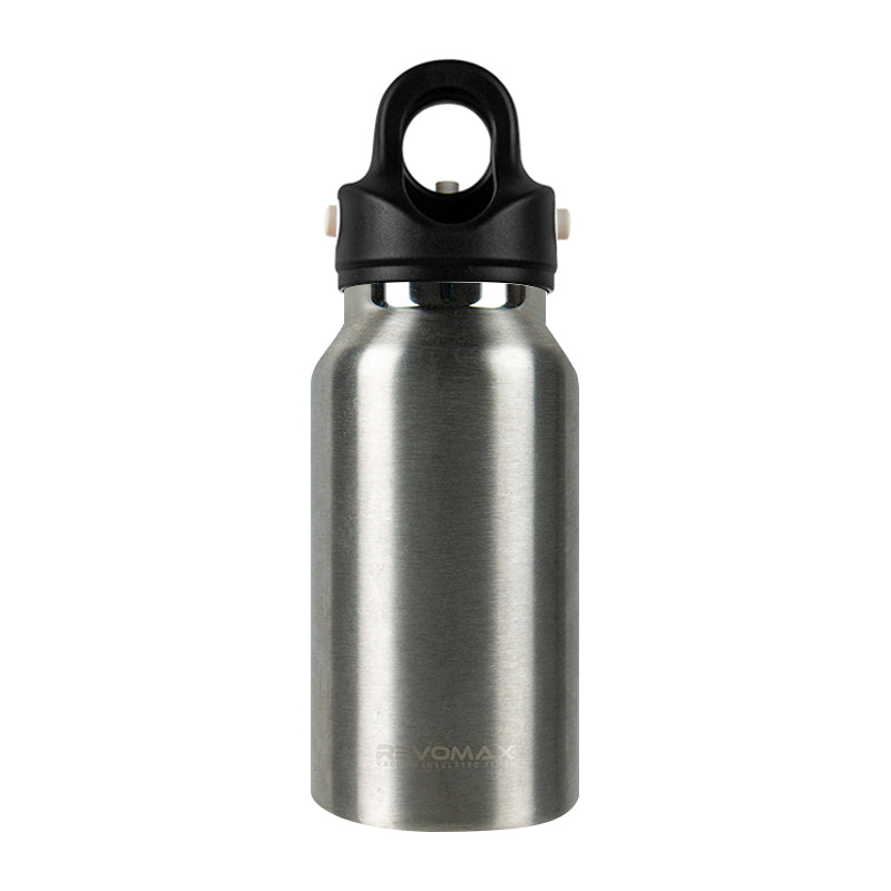 Stainless steel water bottle with black cap on a white background