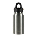Stainless steel water bottle with black cap on a white background