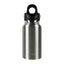 Stainless steel water bottle with black cap on a white background