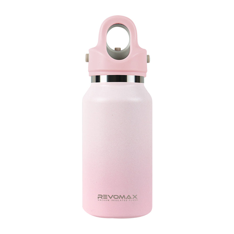 Pink water bottle with a matching cap on a white background, featuring the Revomax brand.