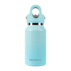 Light blue water bottle with a carrying handle on a white background