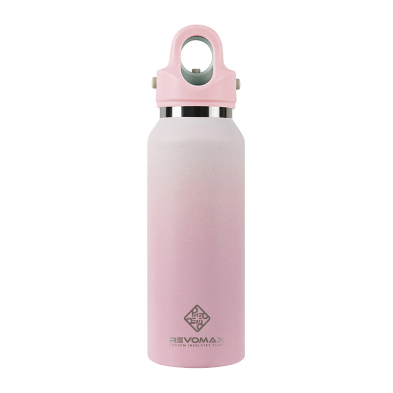 Pink water bottle with a matching cap on a white background