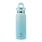 Light blue water bottle with a carrying loop on a white background