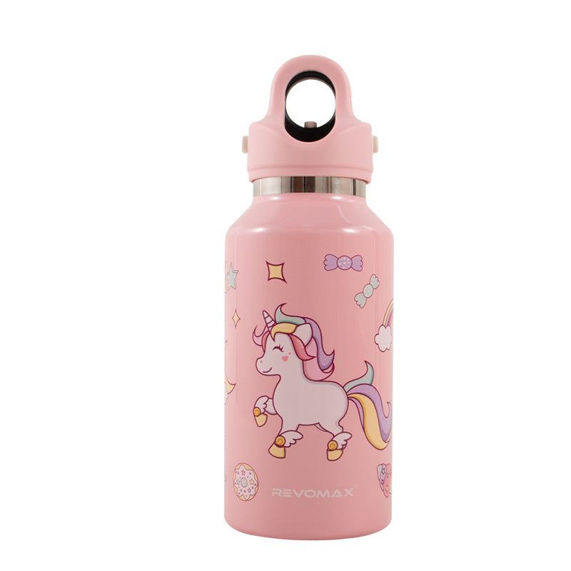 Pink water bottle with unicorn design on a white background Main image