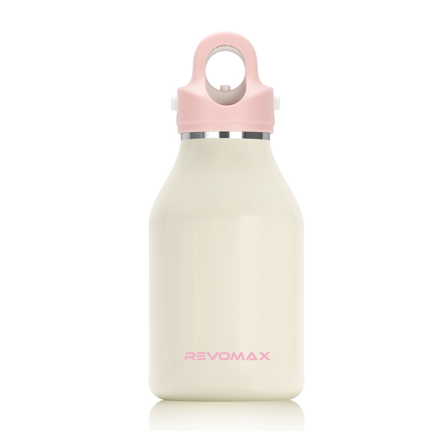 White water bottle with pink lid and handle on a white background