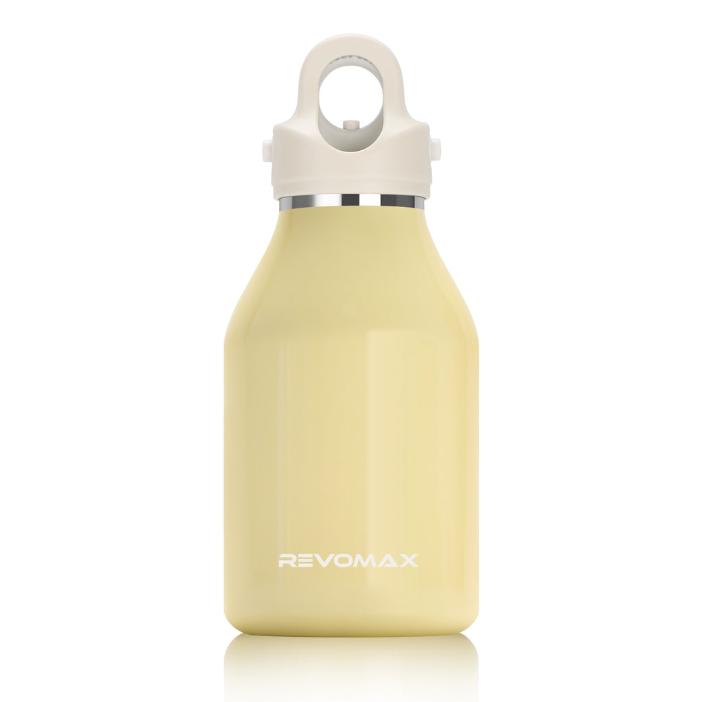 Yellow water bottle with a white cap on a white background