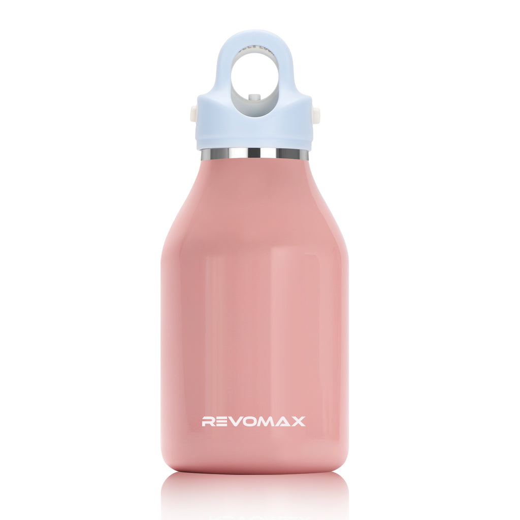 Pink water bottle with a light blue cap on a white background