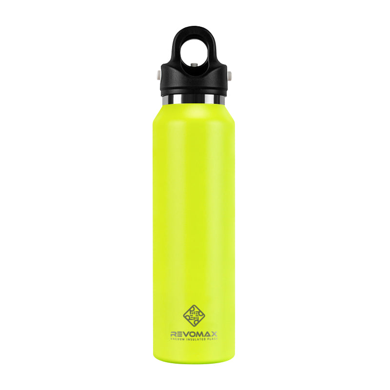 Yellow water bottle with black cap on a white background