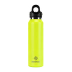 Yellow water bottle with black cap on a white background