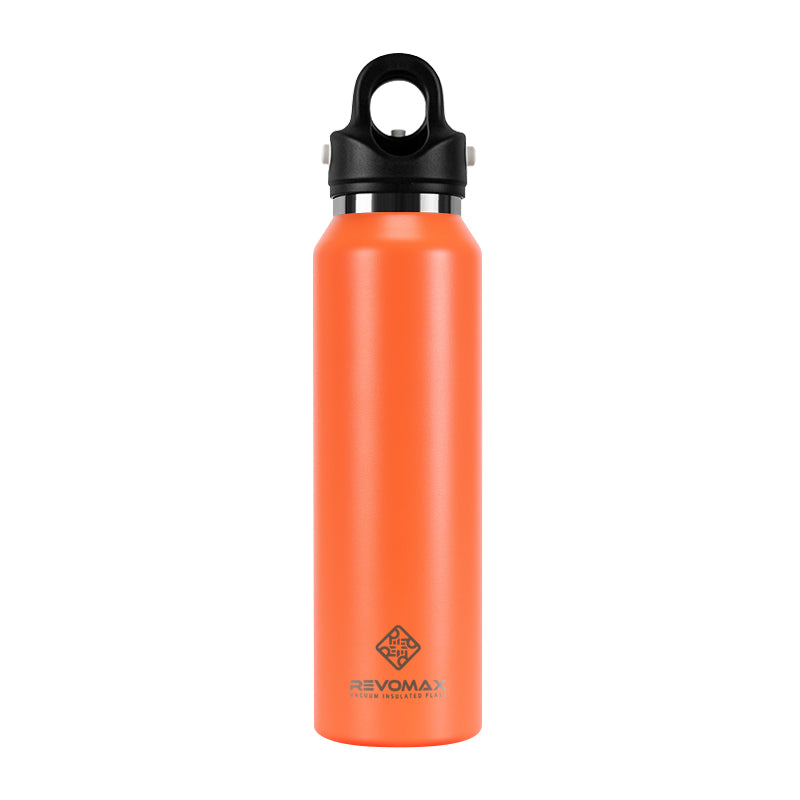 Orange water bottle with black cap on a white background