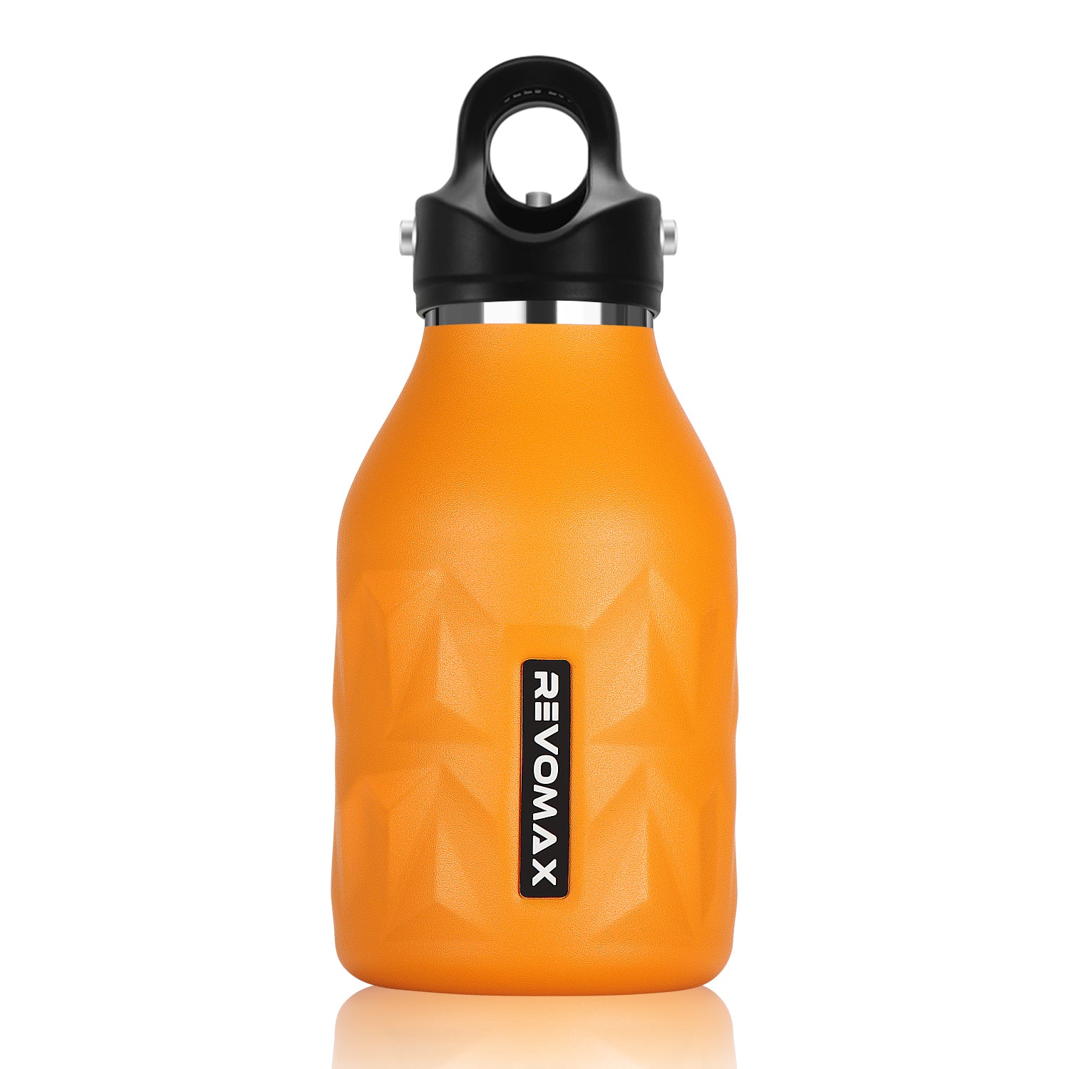 Orange water bottle with black cap on a white background Main image