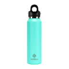 Turquoise water bottle with black cap on a white background