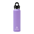 Purple water bottle with black cap on a white background