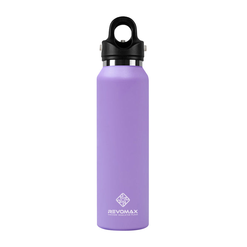 Purple water bottle with black cap on a white background