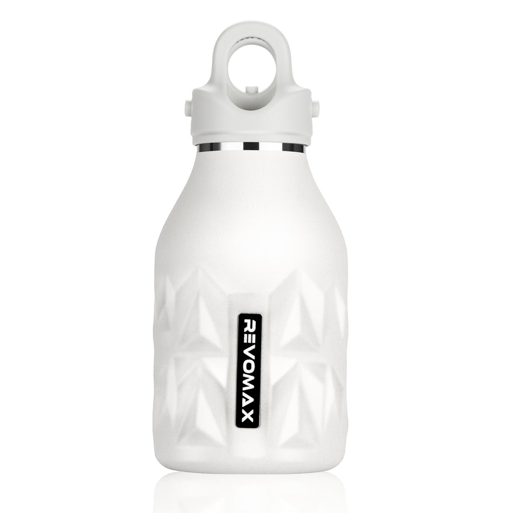 White water bottle with a black logo on a white background