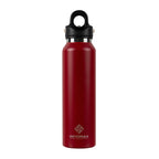 Red water bottle with black cap on a white background