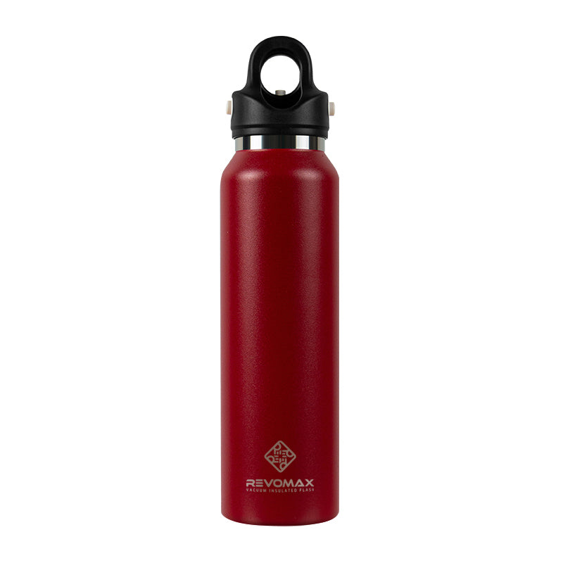 Red water bottle with black cap on a white background