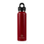 Red water bottle with black cap on a white background