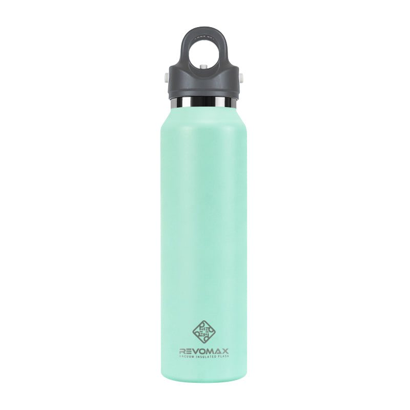 Mint green water bottle with black cap on a white background