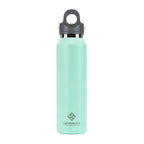 Mint green water bottle with black cap on a white background