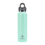 Mint green water bottle with black cap on a white background
