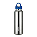 Stainless steel water bottle with blue cap on a white background