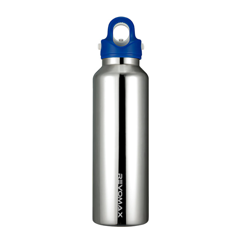 Stainless steel water bottle with blue cap on a white background