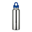 Stainless steel water bottle with blue cap on a white background