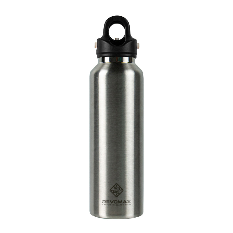 Stainless steel water bottle with black cap on a white background