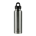 Stainless steel water bottle with black cap on a white background