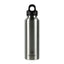 Stainless steel water bottle with black cap on a white background