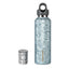 Silver water bottle with textured design on a white background