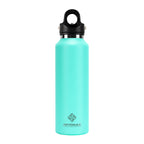 Turquoise water bottle with black cap on a white background