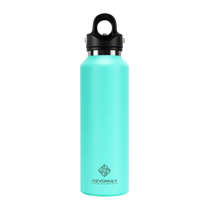 Turquoise water bottle with black cap on a white background