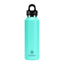 Turquoise water bottle with black cap on a white background