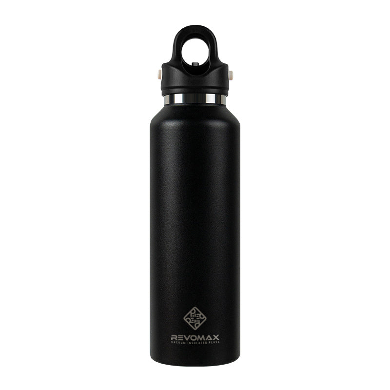 Black water bottle with a logo on a white background