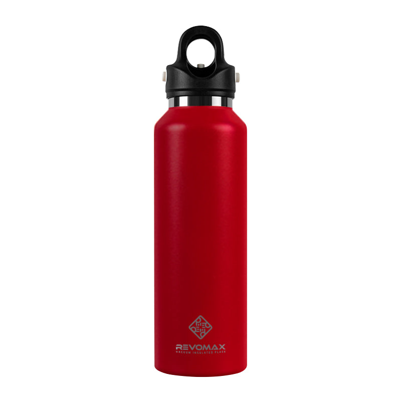 Red water bottle with black cap on a white background Main image