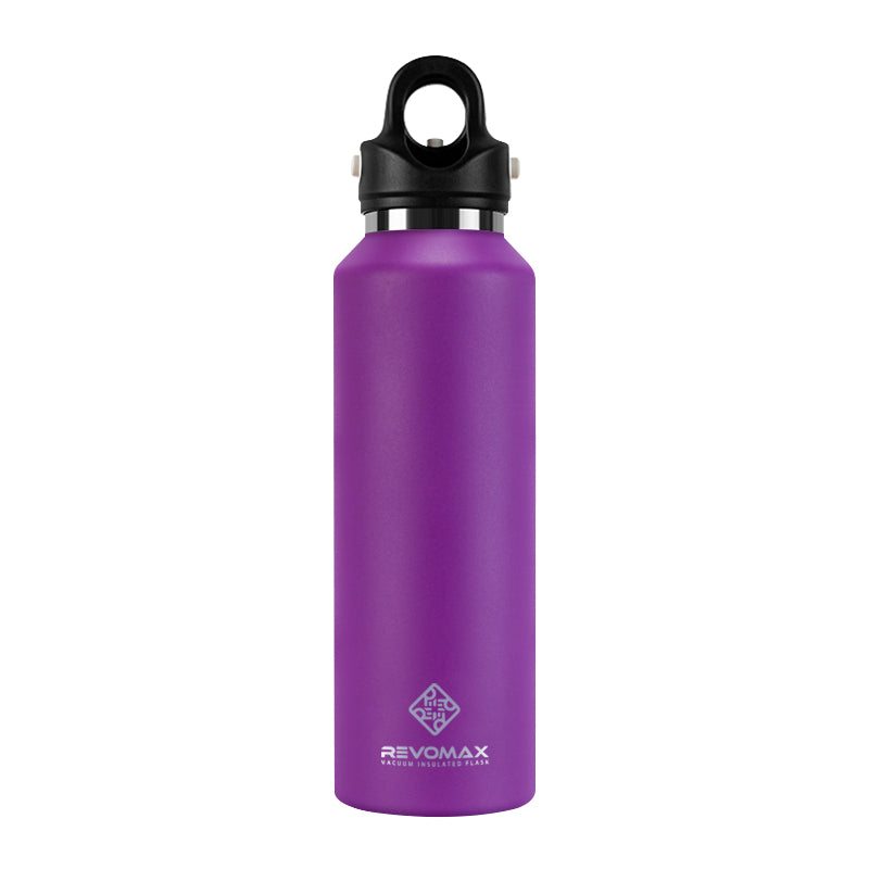 Purple water bottle with black cap on a white background