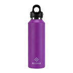 Purple water bottle with black cap on a white background