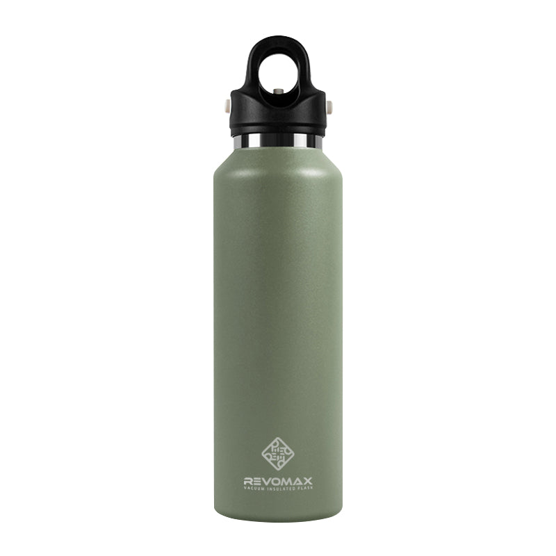 Green water bottle with black cap on a white background
