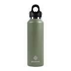 Green water bottle with black cap on a white background