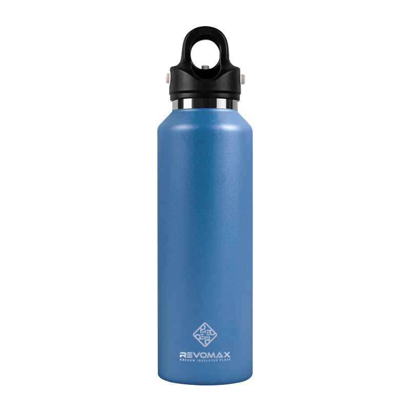 Blue water bottle with black cap on a white background