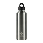 Stainless steel water bottle with black cap on a white background