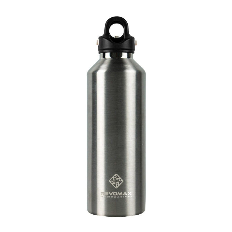 Stainless steel water bottle with black cap on a white background