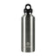Stainless steel water bottle with black cap on a white background